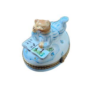 Limoges France Hand-Painted Porcelain Trinket Box Bear Reading Book